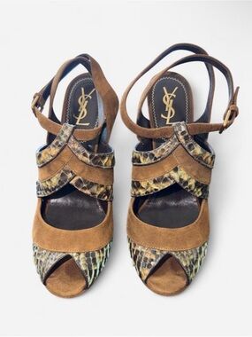 Yves Saint Laurent Brown Suede & Python-Print Slingback Heels
